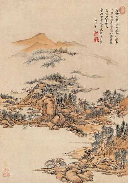 王原祁 康熙甲申（1704年）作 仿赵大年青绿山水 立轴